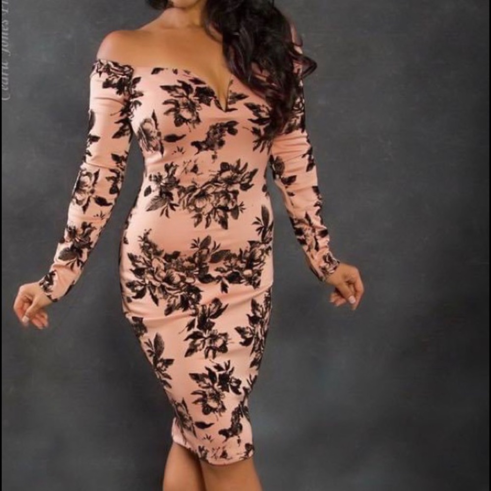 Pink with Faux Suede Black flower print midi dress!